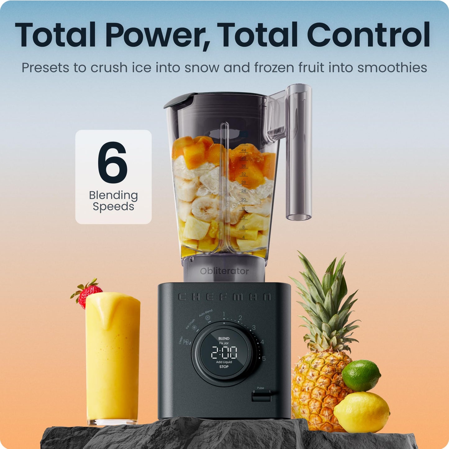 Chefman Obliterator 48 oz Countertop Blender for Smoothies, 1380W Motor to Crush Ice, Nuts, and Frozen Fruit with Stainless Steel Blade, Auto Blend Function, Includes Tamper and Scraper
