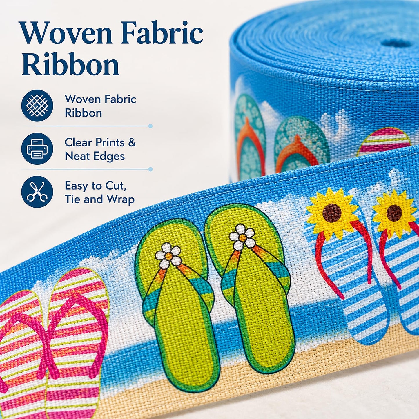 6 Rolls Summer Wired Edge Ribbons, 24 Yards 2.5 in Flip Flop Sunshine Stripe Patterns Gift Wrapping Ribbon for Beach Themed DIY Crafts Bow Wreath Summer Party Decorations