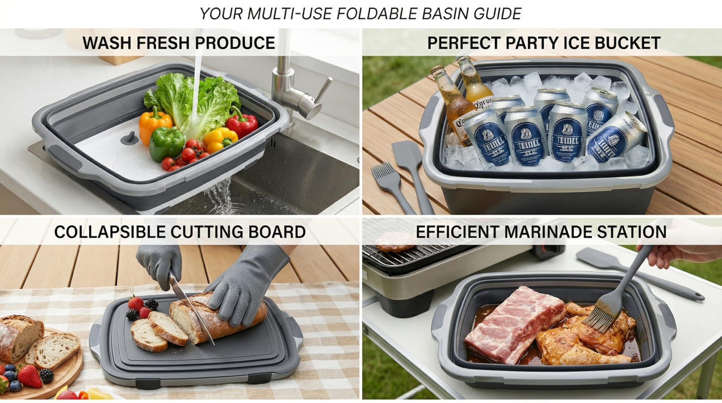 Collapsible BBQ Prep Tub with Lid & Cutting Board 8L - Meat Marinating Basin & Grill Carry System - 5pc Set with Heat Resistant Gloves, Basting Brush & Spatula(Black, Large, 8L)