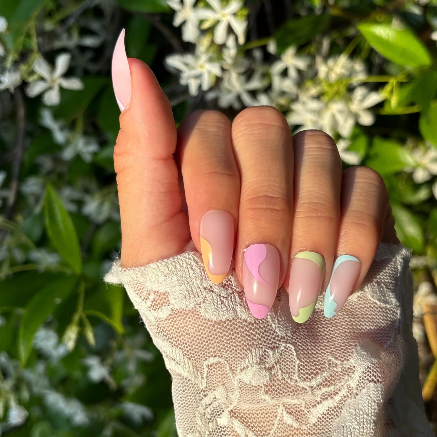 PASTEL DREAMS Press-On Nails by Lavaa Beauty | Medium Almond | Glossy Pastel Color Swirl on Nude Base