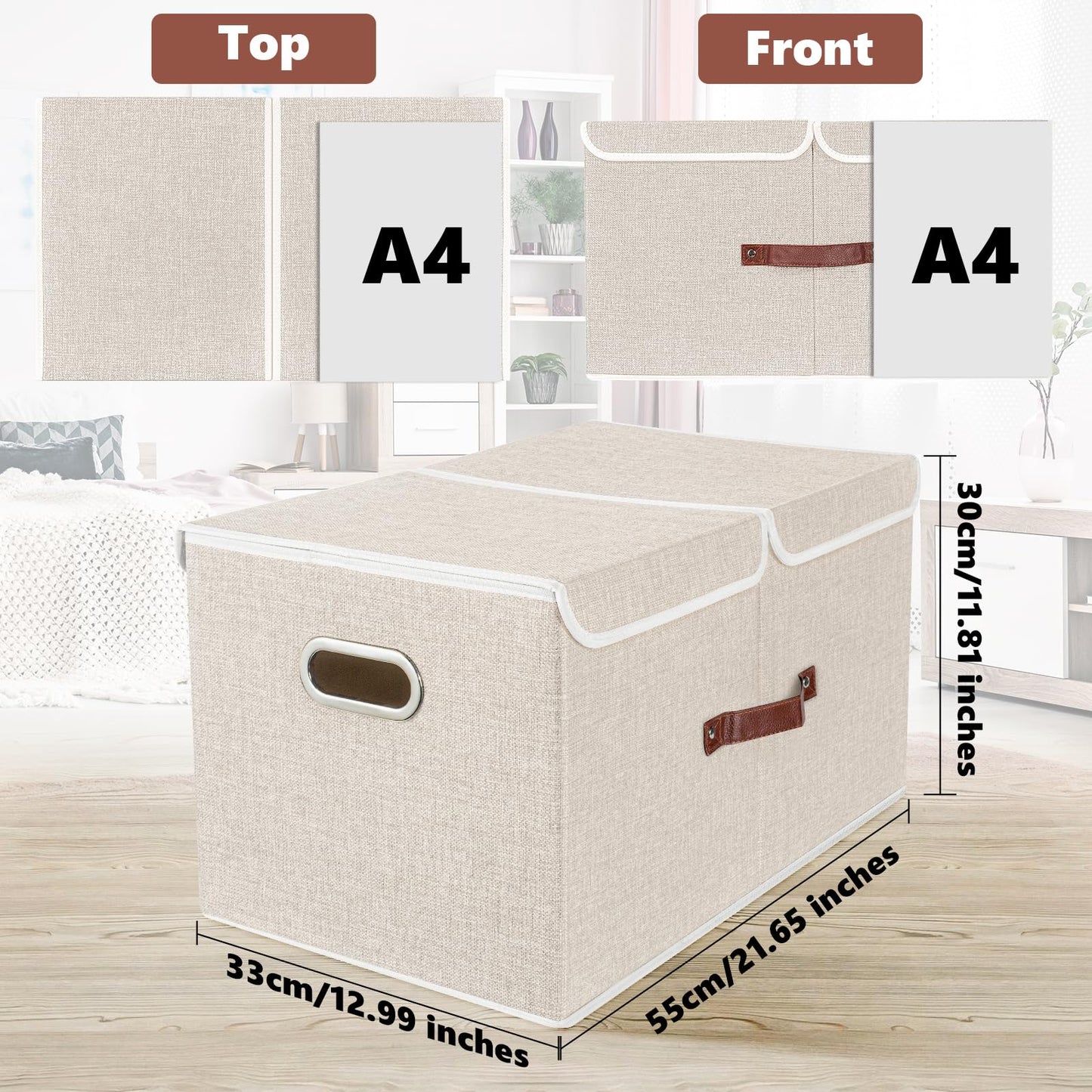 TYEERS Extra Large Collapsible Storage Bins with Lids and Compartments, Washable, Fabric Storage Boxes, 21.7x13x11.8 inches, 1 Pack, Beige