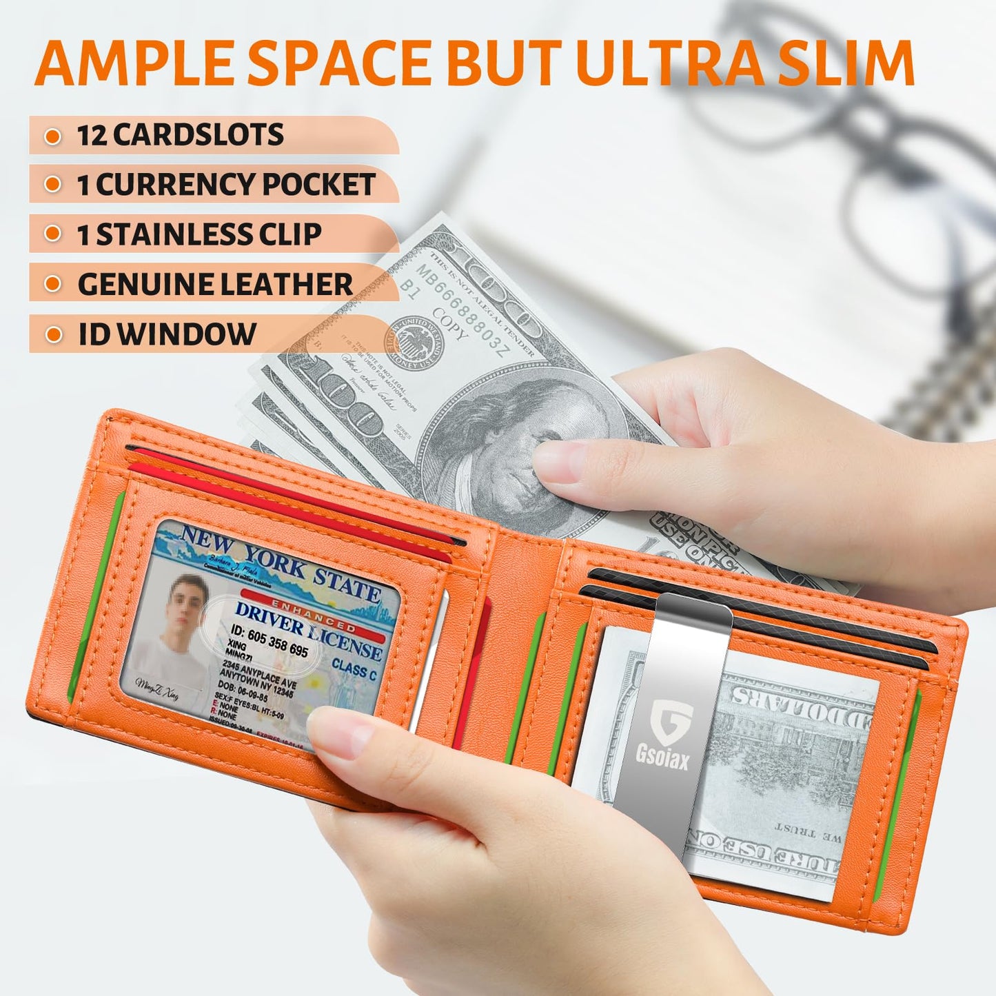 GSOIAX Slim Leather RFID Bifold Wallet for Men Minimalist Front Pocket Wallet with Money Clip,12 Card Slots,ID Window,Cool Groove Design,Includes Gift Box (Carbon Orange)