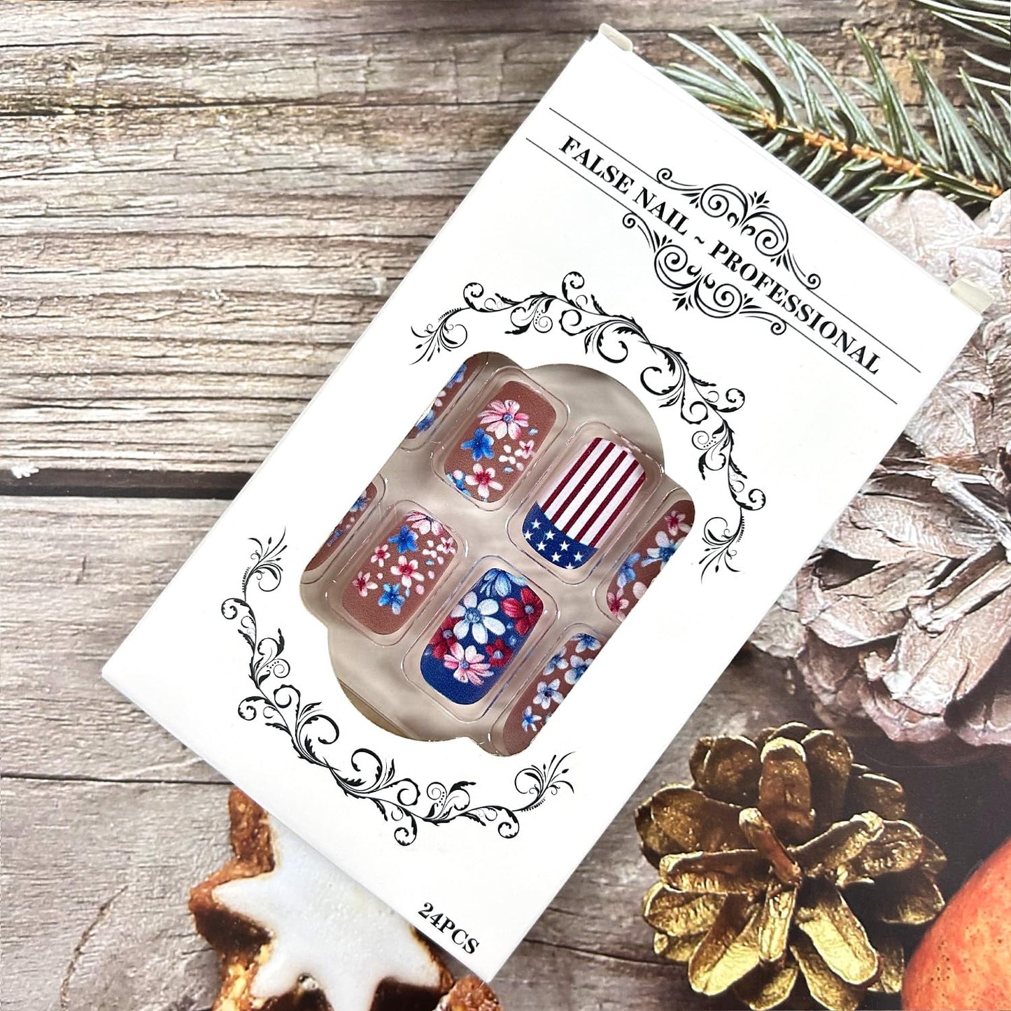 24Pcs Independence Day Press on Nails Medium Square Flower Red White Stripes Pattern Design Matte False Nails 4th of July Patriotic Artificial Nail Full Cover Holiday Manicure Glue on Nail for Women