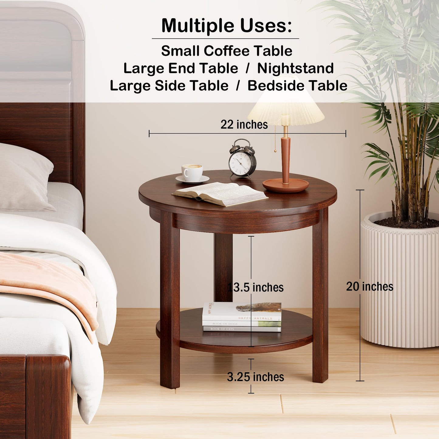 Solid Wood Round End Table with Storage Shelf, 22" W x 20" H, Mid Century Modern Wooden Coffee/End/Side Table for Bedroom Living Room, Walnut