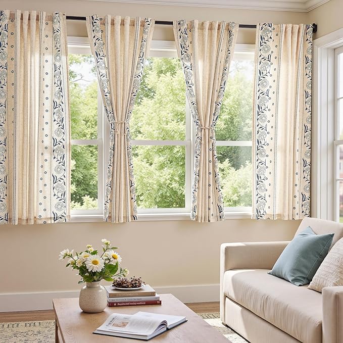 jinchan Winslow Lined Linen Curtains for Bedroom 63 Inches Linen Blended Embroidered Bordered Floral Curtains for Living Room Farmhouse Decor Window Treatments Blue on Beige Drapes 2 Panels