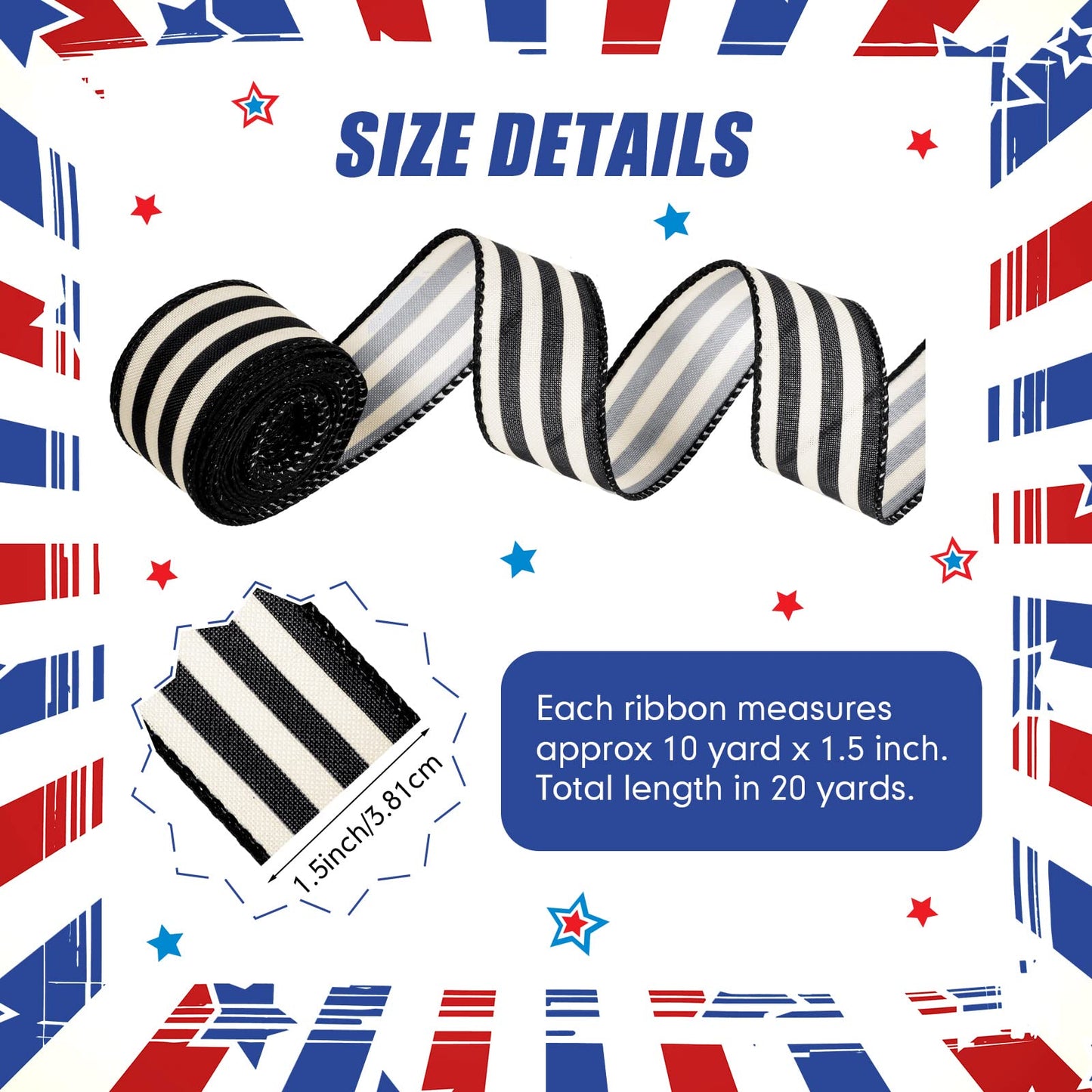 Moukeren 2 Rolls Black and Cream White Stripe Wired Edge Ribbon Halloween Rustic Ivory Boho Black and White Ribbon for Christmas Party Gift Wrapping Bow DIY Craft Home Decor(1.5 Inch, 20 Yard)