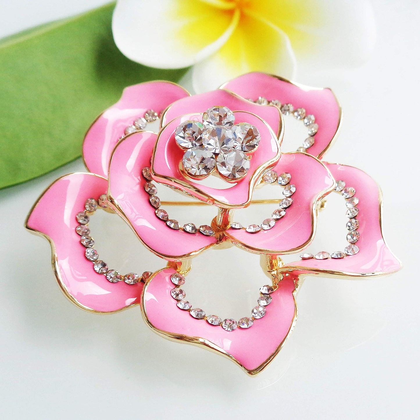 Navachi 18k Gold Plated Crystal Pink Enamel Rose Flower Az7197b Brooch pins