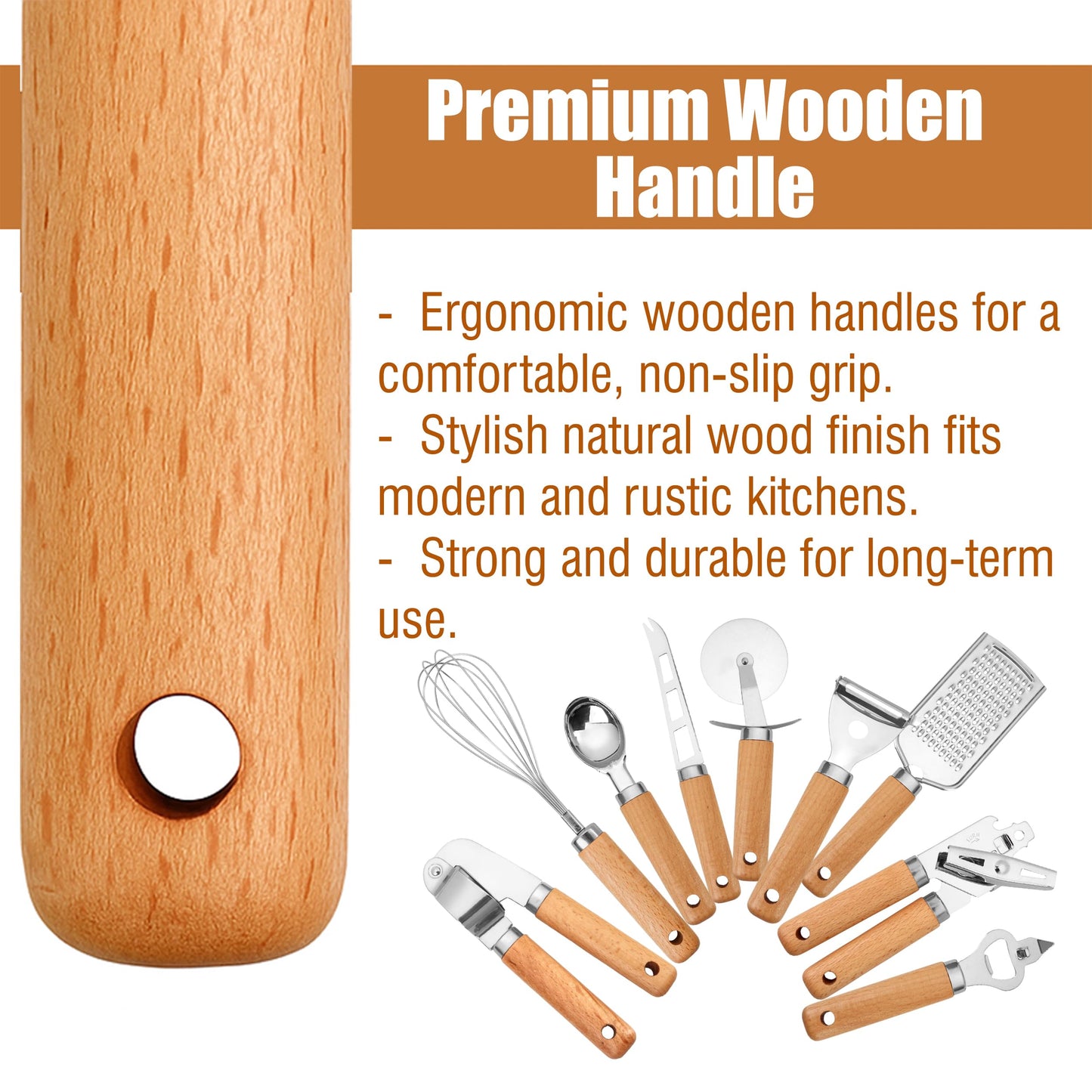 Stainless Steel Kitchen Gadget Set – 9 PCS Western Cooking Utensil & Tool with Wooden Handle: Pizza Cutter, Garlic Press, Can and Bottle Opener, Ice Cream Scoop, Peeler, Cheese Grater and Knife, Whisk