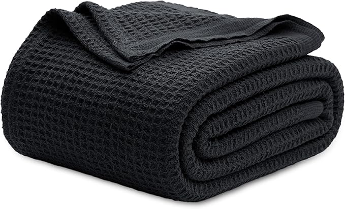 Bedsure 100% Cotton Blanket Queen Size for Bed - Breathable and Soft, Waffle Weave Blanket for Summer Spring, Black, 90x90 Inches