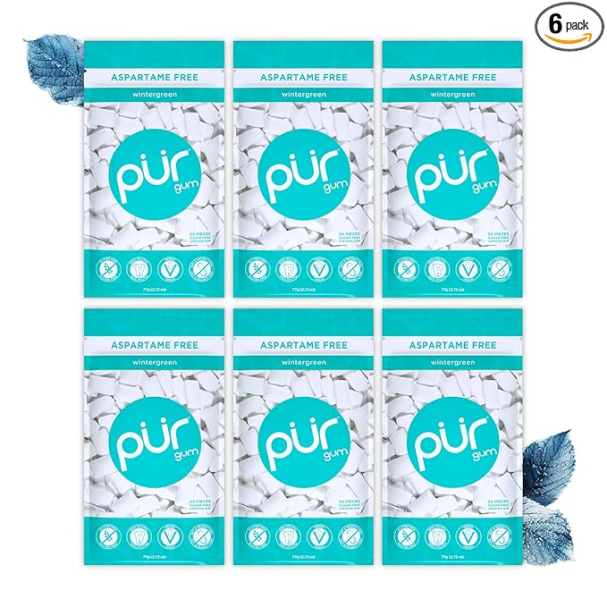 PUR Gum | Aspartame Free Chewing Gum | 100% Xylitol | Natural Wintergreen Flavored Gum, 55 Pieces (Pack of 6)
