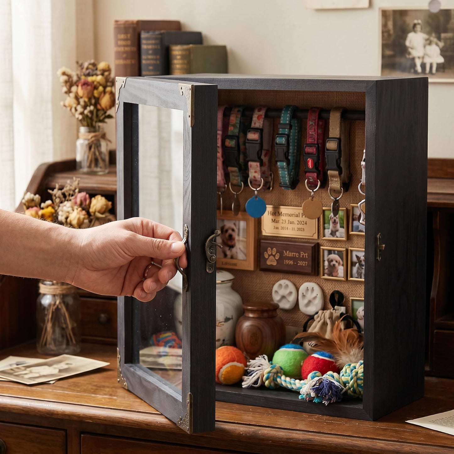 KAASTHAA Shadow Box Frame 11x13, Depth 5in Shadow Boxes Display Cases, Acrylic Door, Rustic Burnt Wood, Vintage Metal Accents, Hinged Door, Metal Handle and Latch, Linen Back
