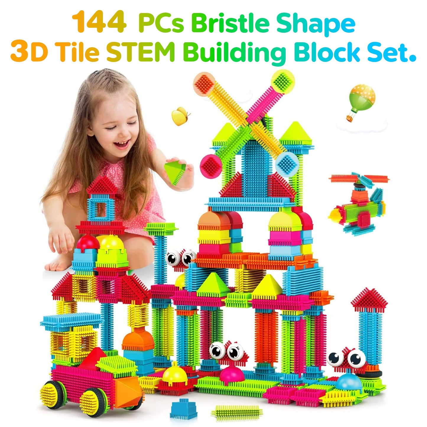 Contixo 144 pcs Bristle Shape 3D STEM Building Toys, Construction Learning Stacking Educational Block, Creativity Beyond Imagination, Inspirational, Safe & Durable, Recreational Toy for Kids Ages 3-8