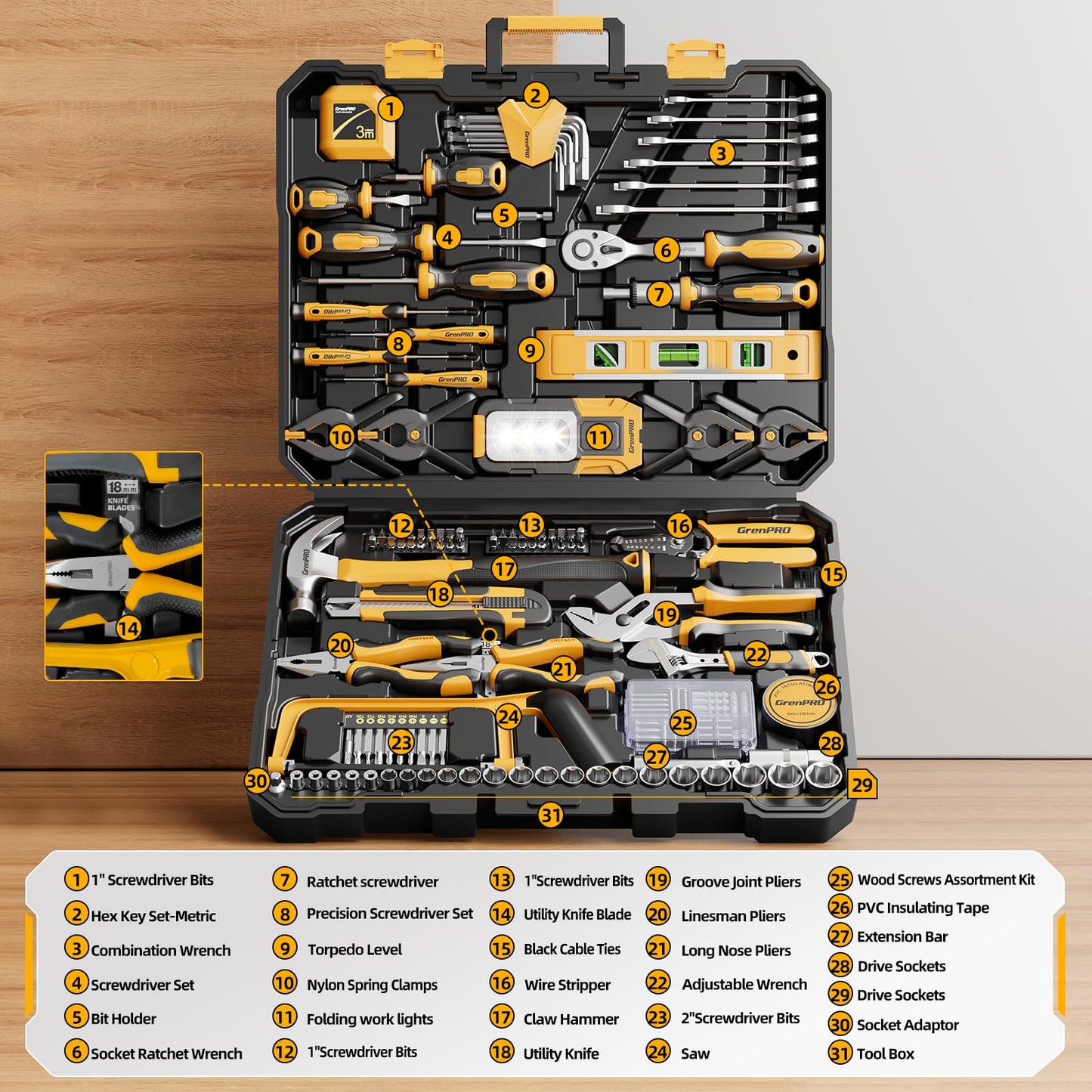 GRENPRO 239PCS Tool Set Tool Kit For Home, Basic Household Automotive Motorcycle Car Tool Kits, Portable Plastic Mechanics Tools Boxes Sets With Organizers And Storage Case For Men Women All Purpose