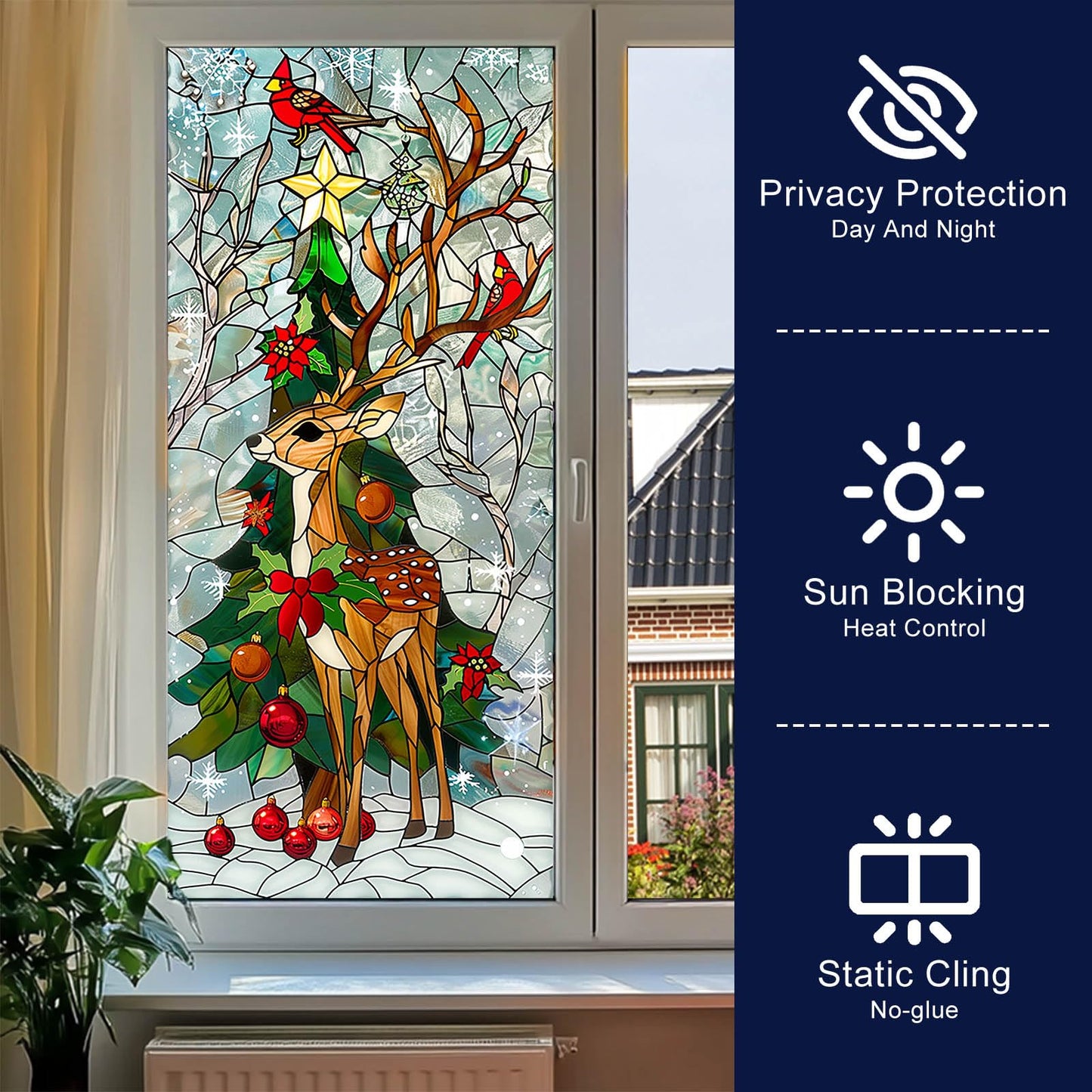 HOMETITUTE Reindeer Stained Glass Decorative Privacy Film Christmas Tree Window Cling Holiday Seasonal Window Sticker for Living Room Bedroom Kitchen 17.7 x 39.3 Inch