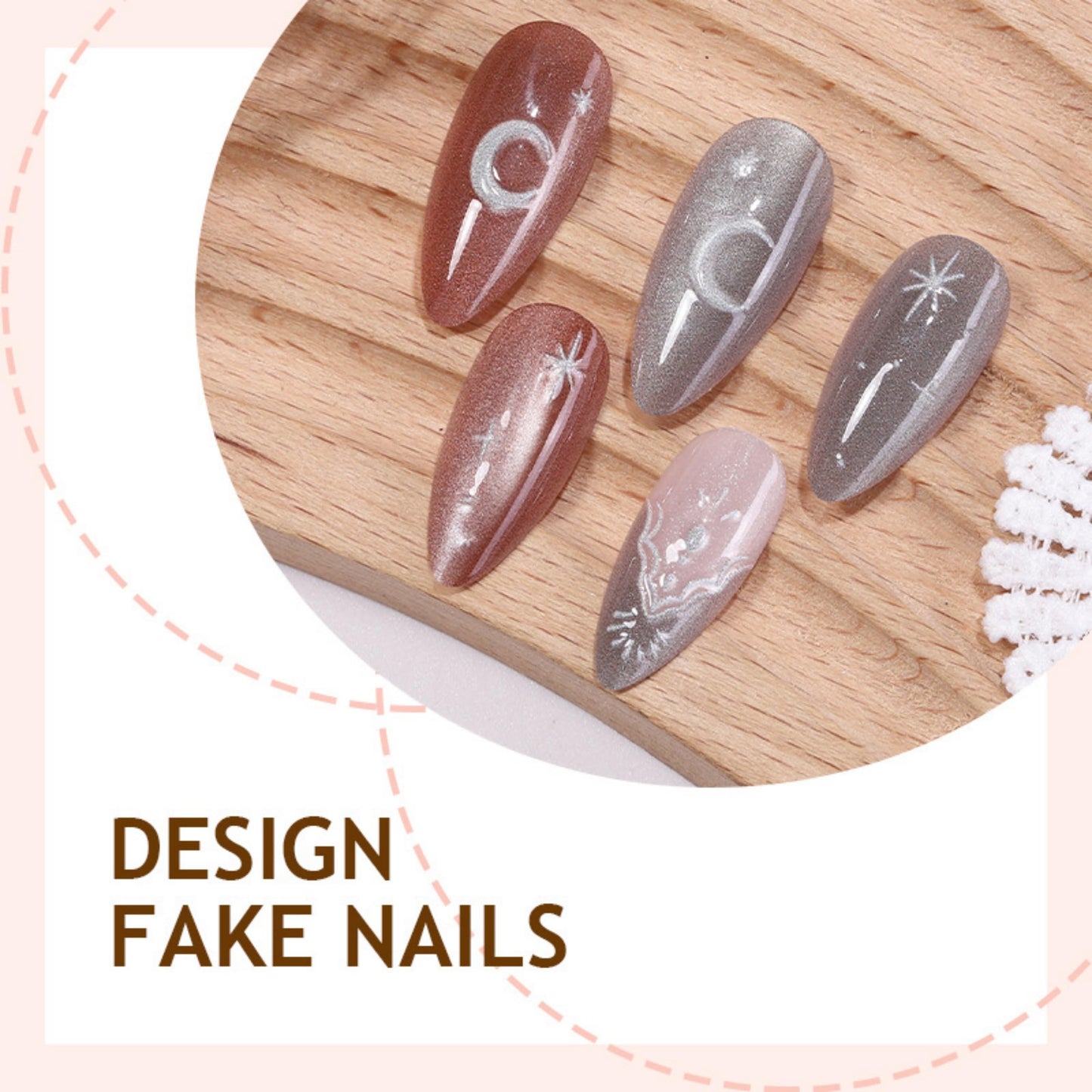 Long Press on Nails Almond Fake Nails Brown and Silver Acrylic Nail Press ons Seeneey Moon and Silver Floral Charm Designs Cat eye Stick on Nail for Women 24pcs