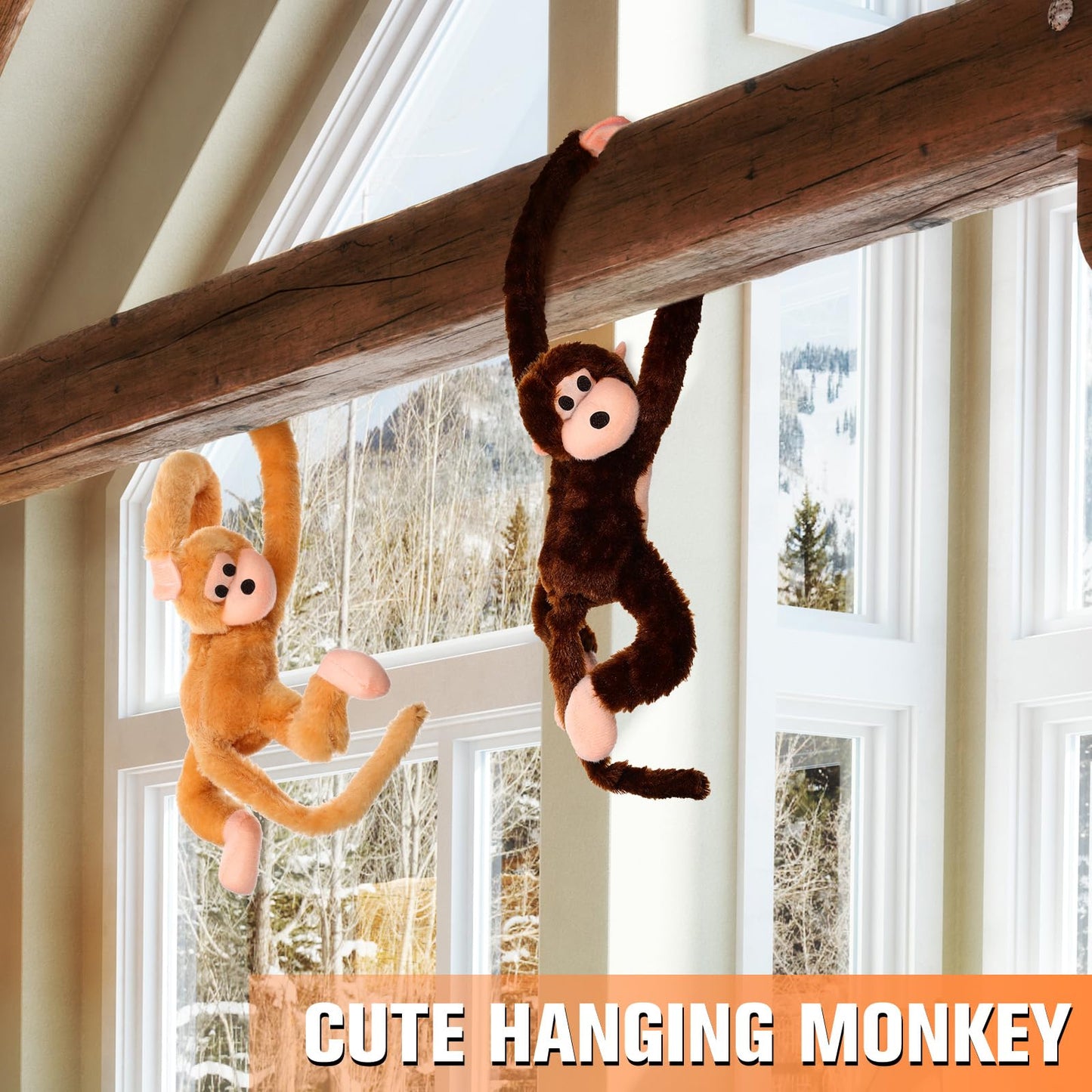 Chivao 2 Pcs Hanging Monkey Stuffed Animal, Hanging Monkey Plush with Hook and Loop Fasteners Hands Stuffed Toy for Birthday Party Favors Decorations, Brown and Khaki(28 Inch)