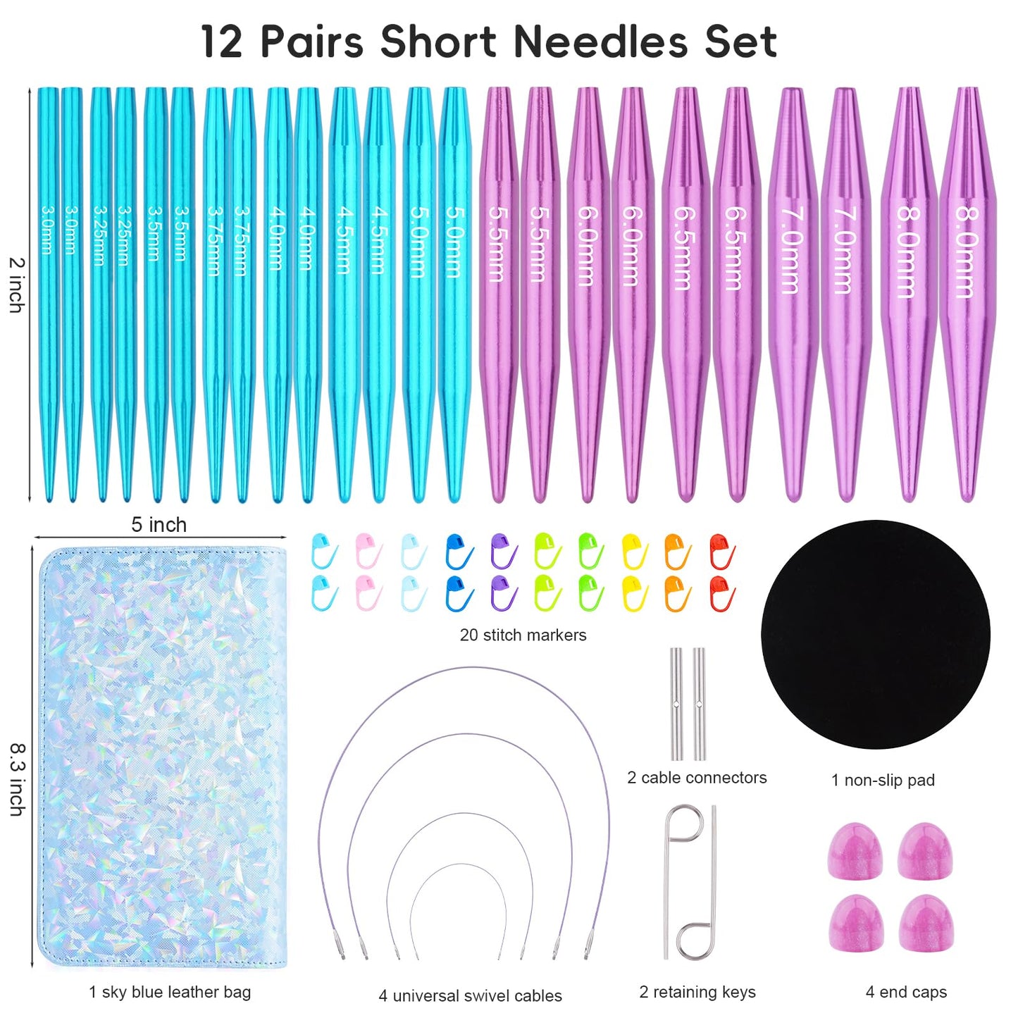 Hobekoee 12 Pairs Short Interchangeable Circular Knitting Needles Set 3mm-8mm Interchangeable Aluminum Round Knitting Needles Set with 4 Swivel Cables for DIY Knitting Lovers
