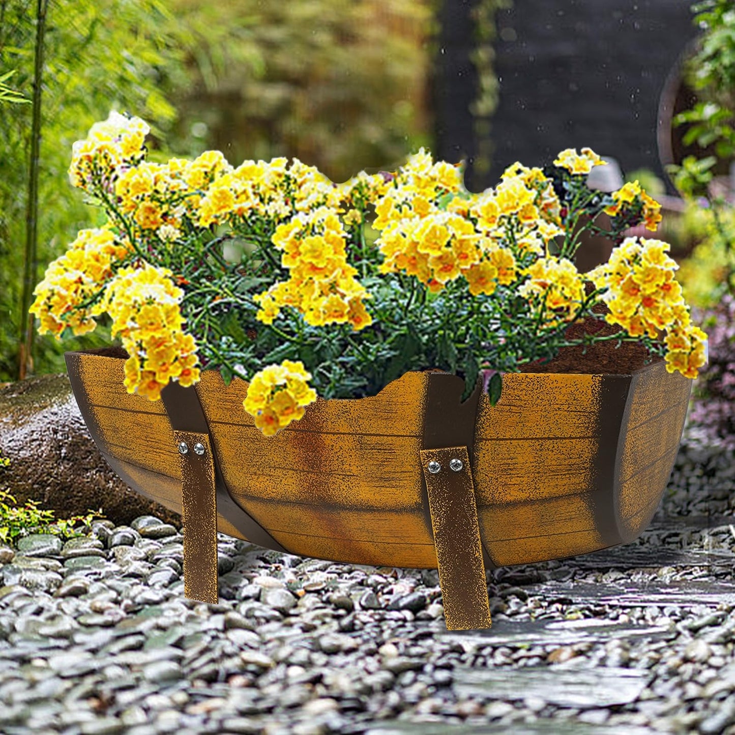 Aoutrow 15.43In 2 Pack Rustic Barrel Planters, Decorative Outdoor Garden Backyard Planter with Legs, Metal Flower Pot Half Barrel Planter Box, Brown