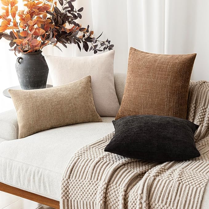 Foindtower Pack of 2 Soft Textured Chenille Throw Decorative Pillow Covers Square Accent Solid Cushion Cover Neutral Lumbar Pillow Case for Couch Sofa Bedroom Living Room 12x20 Inch,Taupe Khaki Camel