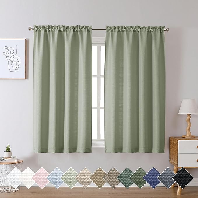 Chyhomenyc Bennet Light Green Curtains 45 Inch Length 2 Panels, Faux Linen Textured Semi Sheer Light Filtering Soft Airy Rod Pocket Window Treatment Drapes for Living Room Bedroom, Each 30" Wx45 L