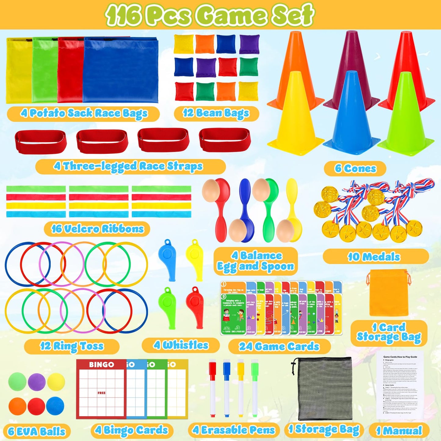 KUBUSFLY Potato Sack Race Bags, 116 Pcs Outdoor Carnival Games for Kids, Lawn Field Day Games Set with Bean Bags, Ring Toss, Cones, Bingo Cards, Carnival Yard for Family Adults Kids Birthday Party