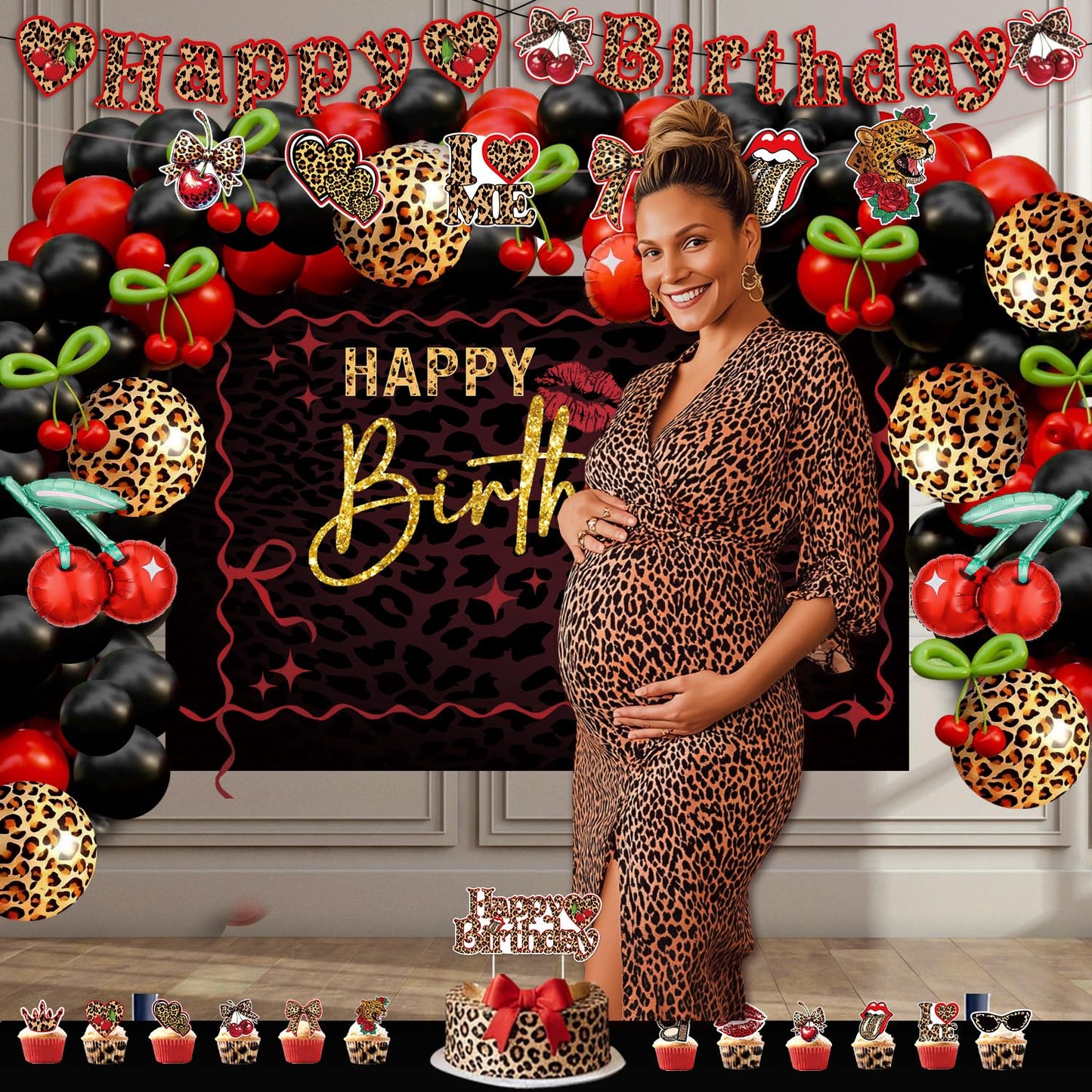 Cheetah and Cherry Birthday Decorations for Women Girls - Red and Black Balloon Arch Kit, Cherry and Cheetah Print Balloons, Tablecloth, Banners, Cake Toppers, Girls Night, Bachelorette Party Decor