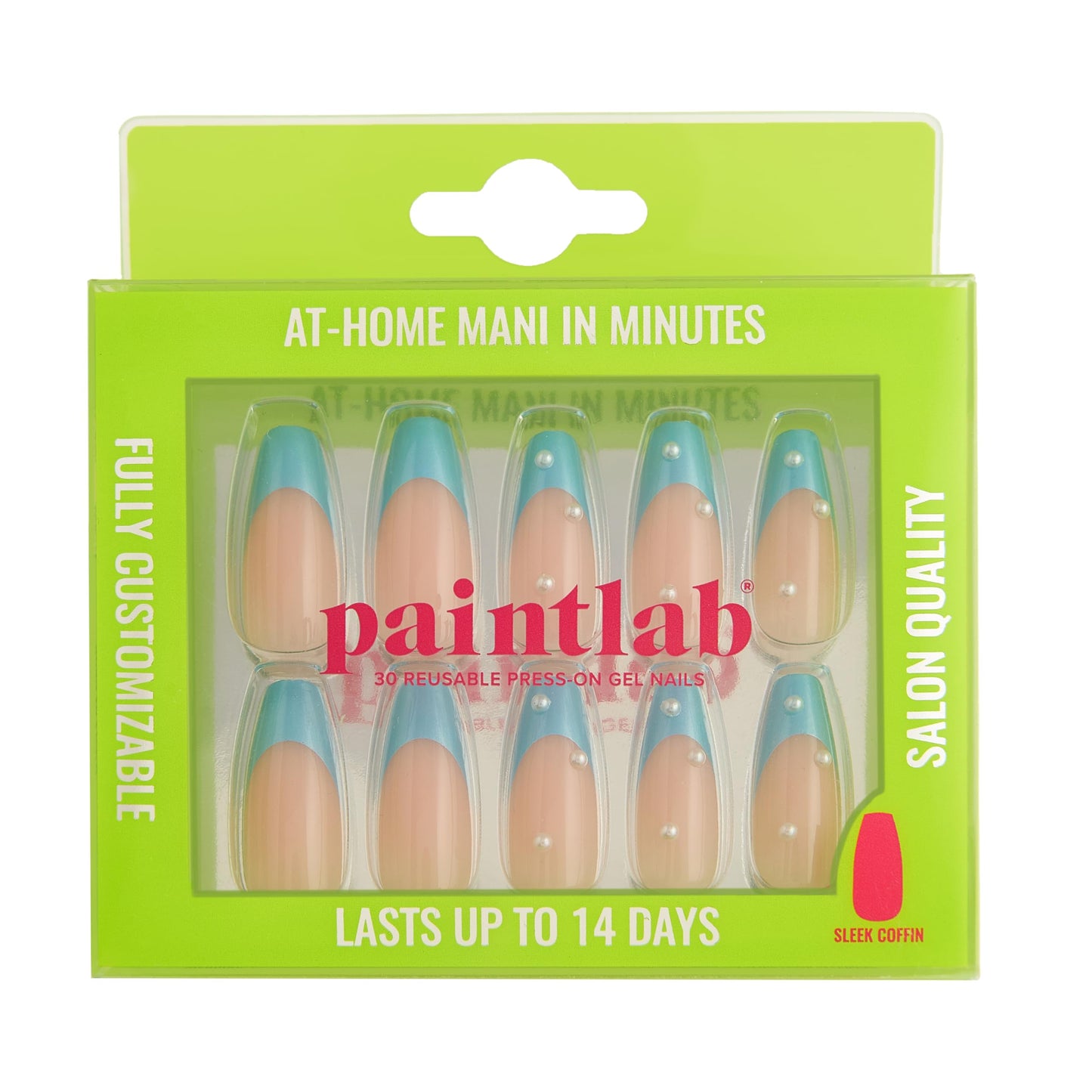 PaintLab Press On Nails - Blue Moonlit Periwinkle 3D Pearl Coffin Fake Nails, 30 Nails in 15 Sizes with Glue, Reusable Salon Quality Press On Nails