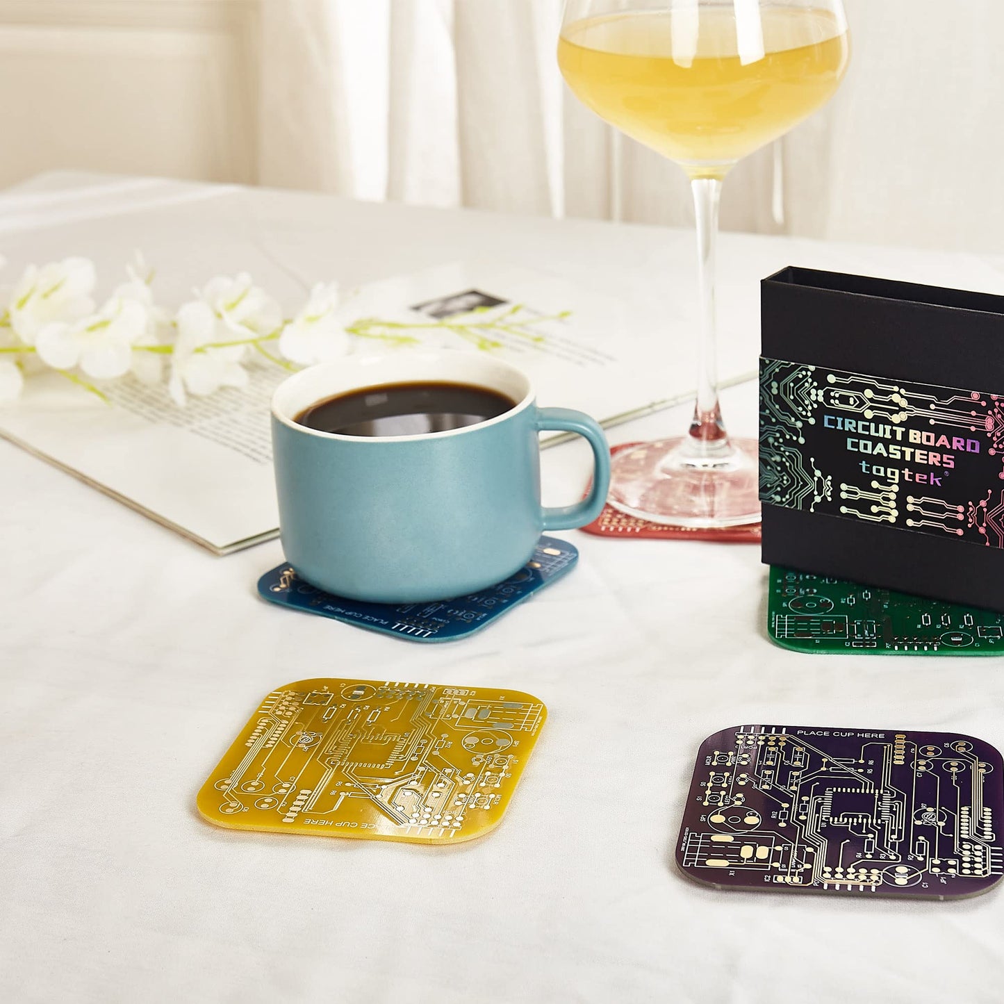 Coasters for Drinks in PCB-Design Green Coasters Decor with Immersion Gold Circuit Board for Coffee Table Bar Office Tech Gifts for Boyfriend Gamer Geek Engineer Dad Men Anniversary