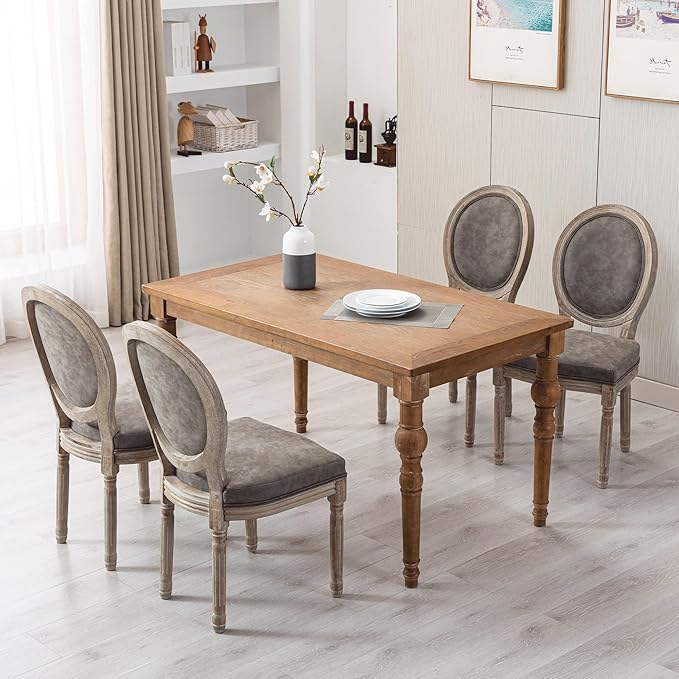 Farmhouse Leather Dining Room Chairs Set of 4 French Dining Chairs with Round Back, Wood Legs, French Bistro Chairs for Dining Room/Living Room/Kitchen/Restaurant, Grey