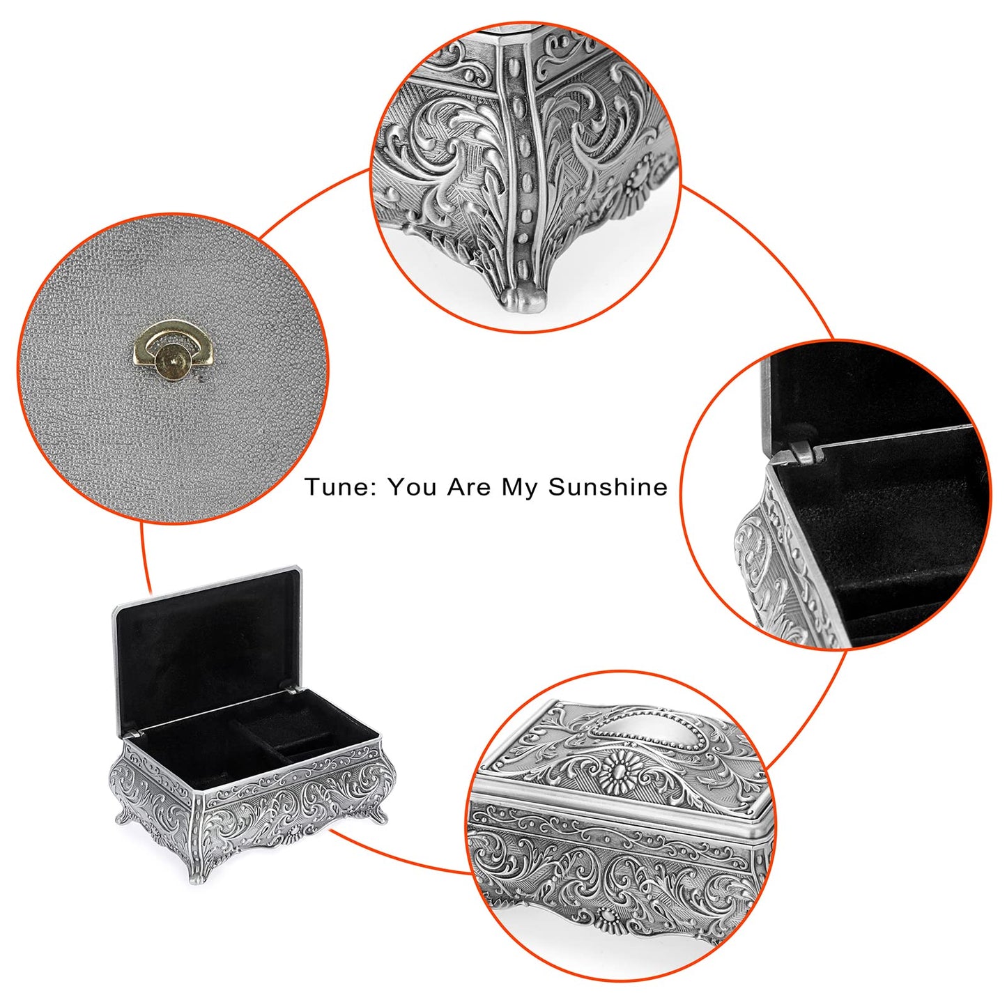 ELLDOO Vintage Metal Music Box, Wind Up Musical Jewelry Box Keepsake Box, Small Trinket Jewelry Storage Box Gift for Girl Women (Tune: You Are My Sunshine)