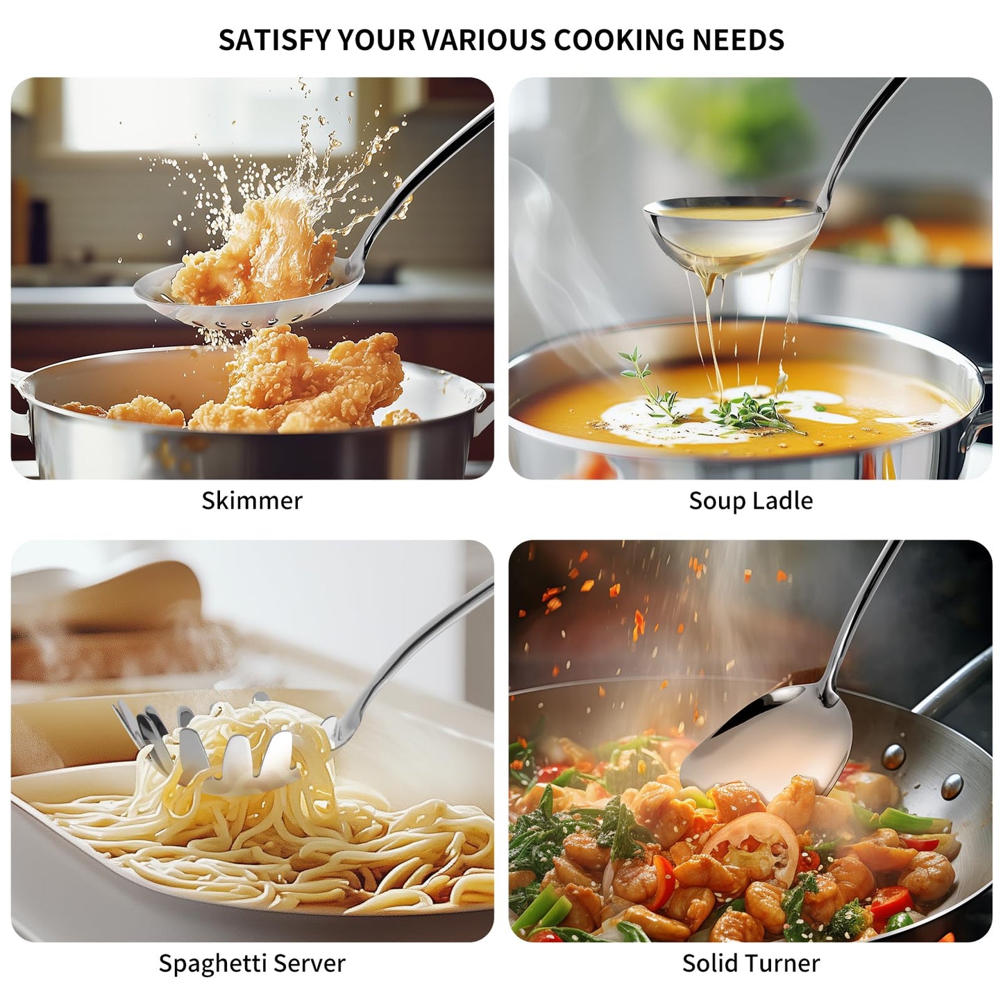 304 Stainless Steel Kitchen Cooking Utensils Set - 9 PCS Serving Utensils, Include Skimmer, Soup Ladle, Spaghetti Server, Wok Spatula, Slotted & Solid Spoon, Slotted Spatula Turner, Meat Fork (Silver）