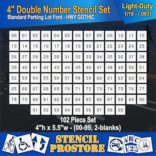 Pavement, Curb, and WheelStop Stencils - 4 inch Double Number Stencil Set - (00-99) - (102 Piece) - 4" x 5.5" x 1/16" (63 mil) - Light-Duty