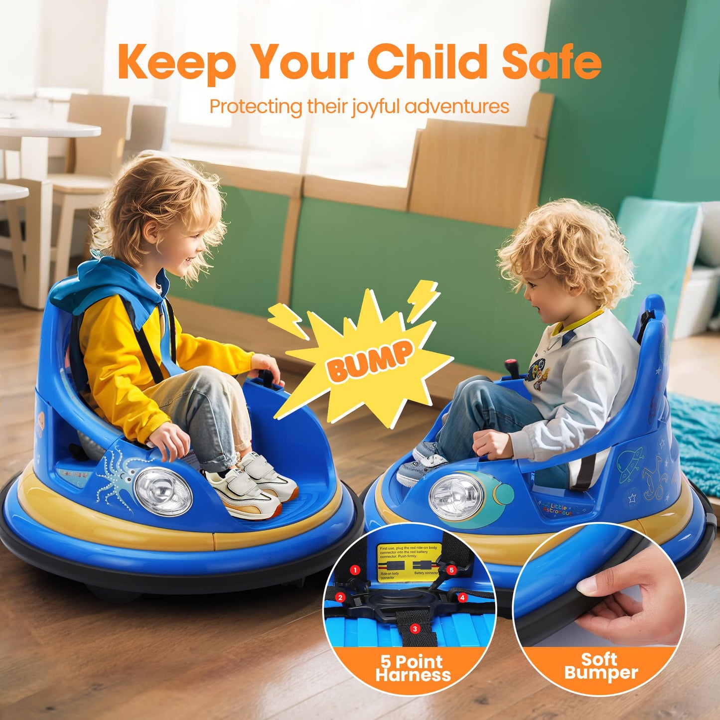 12V Electric Ride On Bumper Car for Toddler & Kids Ages 1.5-6 Years with Remote Control, 2PCS DIY Stickers, 360 Degree Spin, Lights, Sounds, Blue
