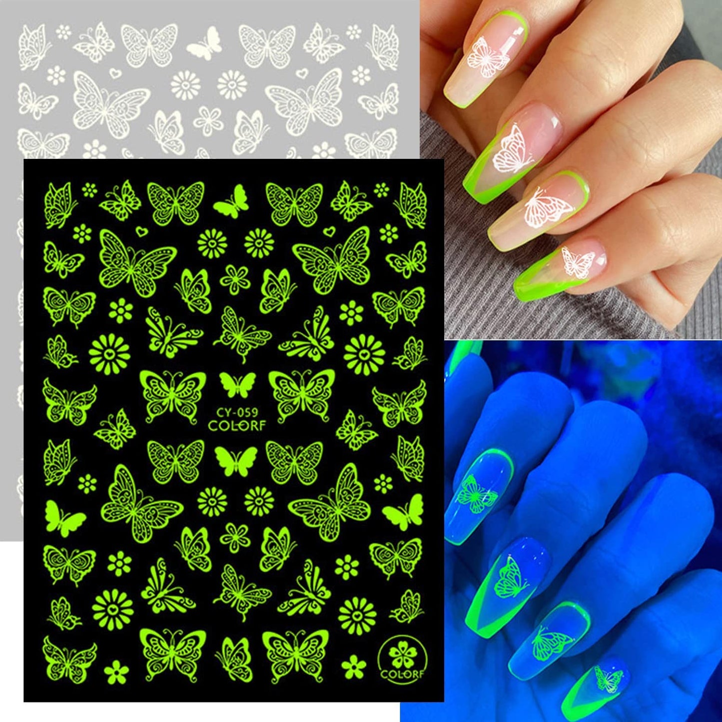 8 Sheets Luminous Nail Stickers and 8 Sheets Butterfly Nail Stickers