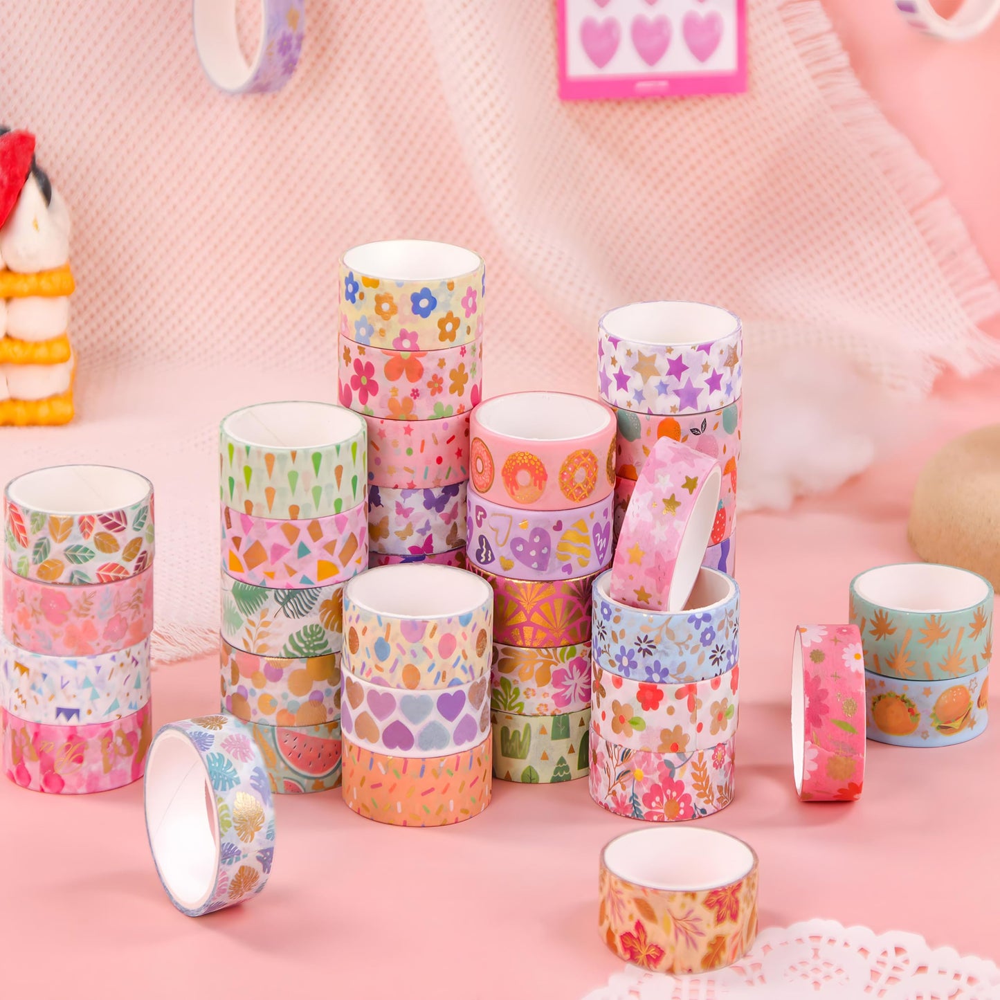 Sifaolp 60 Rolls Washi Tape Set, 15 mm Gold Foil Cute Pattern Floral Decorative for Journaling Supplies
