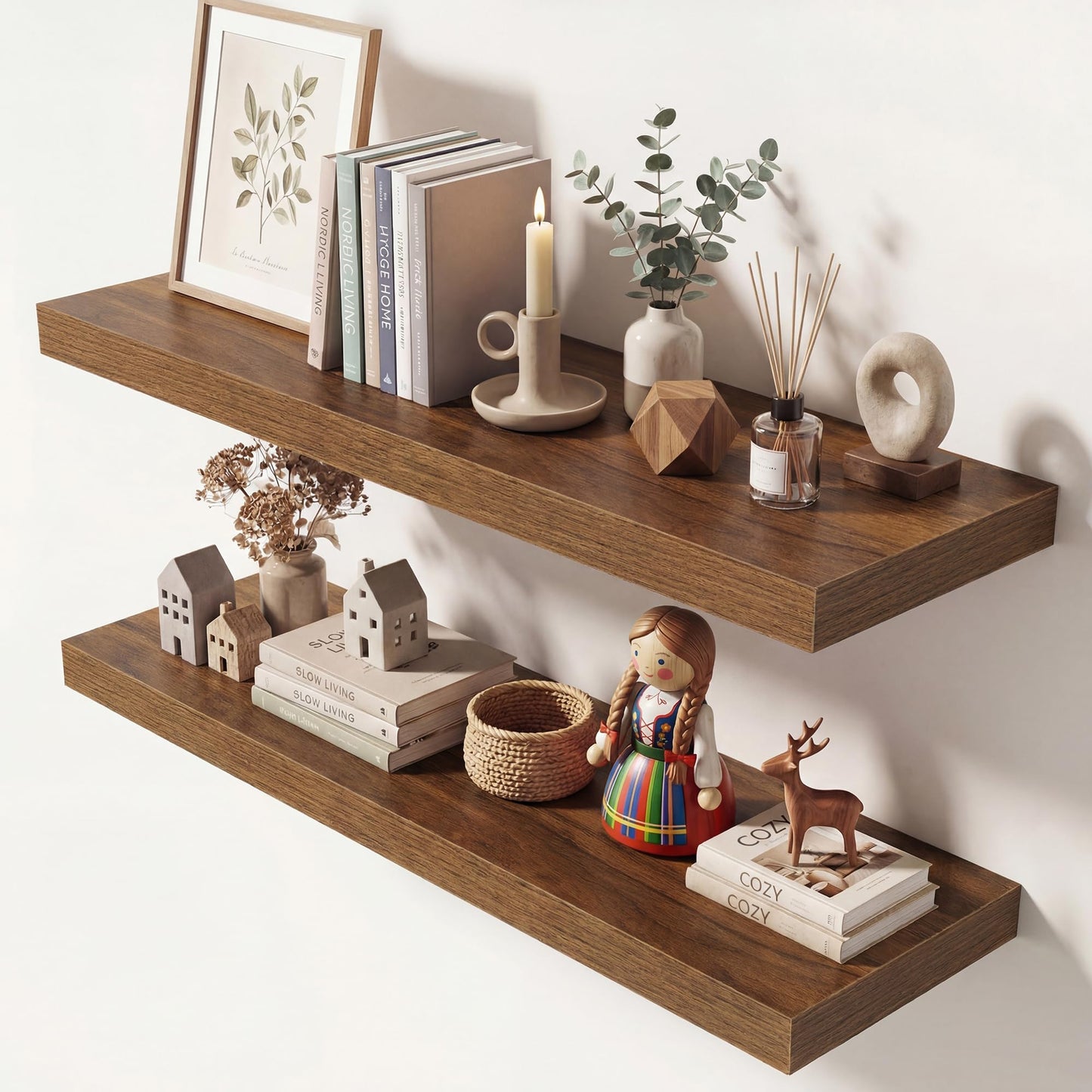 Dreamland 32 Inches Floating Shelves for Wall, 9.3" Deep Long Floating Shelves Set of 2, Large Display & Storage Shelf, Wall Shelf for Bathroom Bedroom Living Room Kitchen Office, Walnut