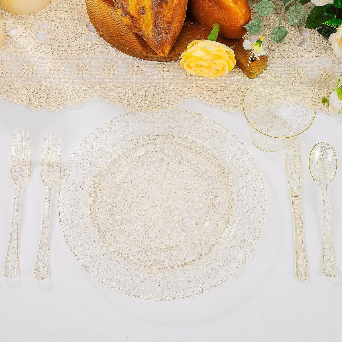 WELLIFE 450 PCS Gold Glitter Disposable Dinnerware Set for 75 Guests, Plastic Plates for Party, Including 75 Dinner & Salad Plates, Cups, Forks Knives Spoons for Wedding and Party Supplies