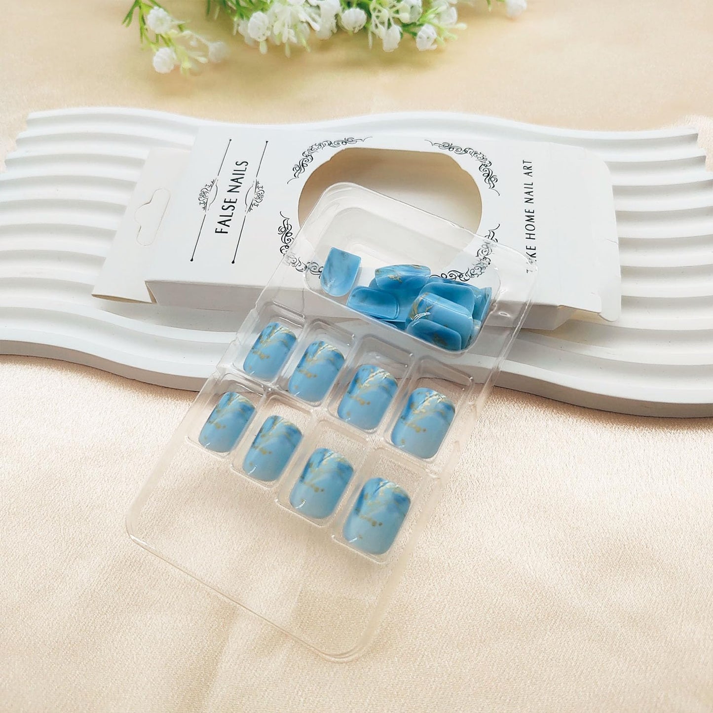 Square Press on Nails Short Fake Nails Blue Summer Nails Press ons with Cute Blue White Sea Waves Gold Foil Designs Glue on Nails Reusable Stick on Nails for Finger Manicure 24 Pcs