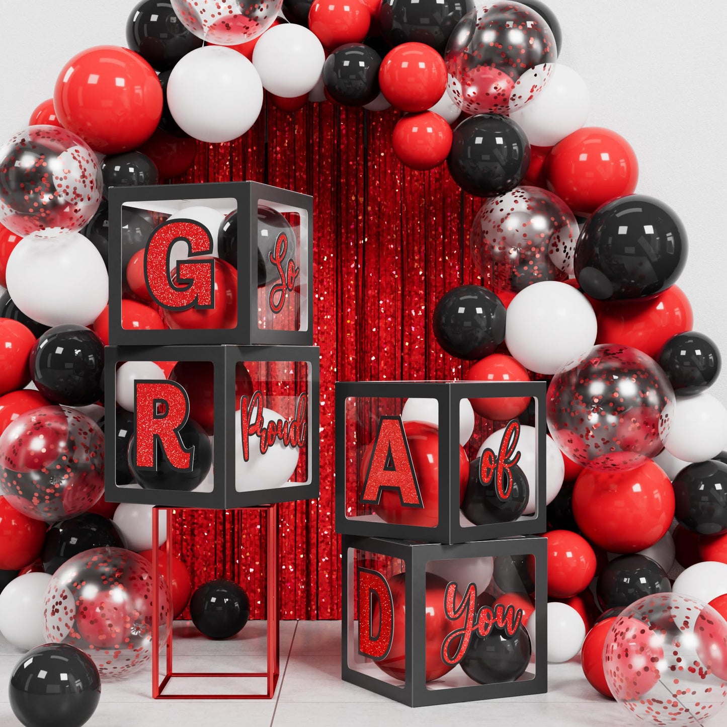 Ecomore Graduation Party Decorations Class of 2026 - 86 PCS Grad Party Supplies Includes LED Light Strings Balloon Block Boxes with Letters Foil Curtains Backdrop 2026 Balloon Garland Kit - Black Red