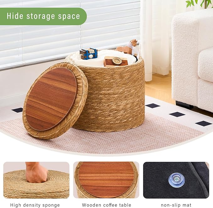 Wimarsbon 18'' Ottoman Pouf, Natural Braided Poof, Rustic Handweave Lounge Pouffe, Boho Footrest Stool for Bedroom, Accent Table for Living Room (Storage - 18inch Natural Cattail L)