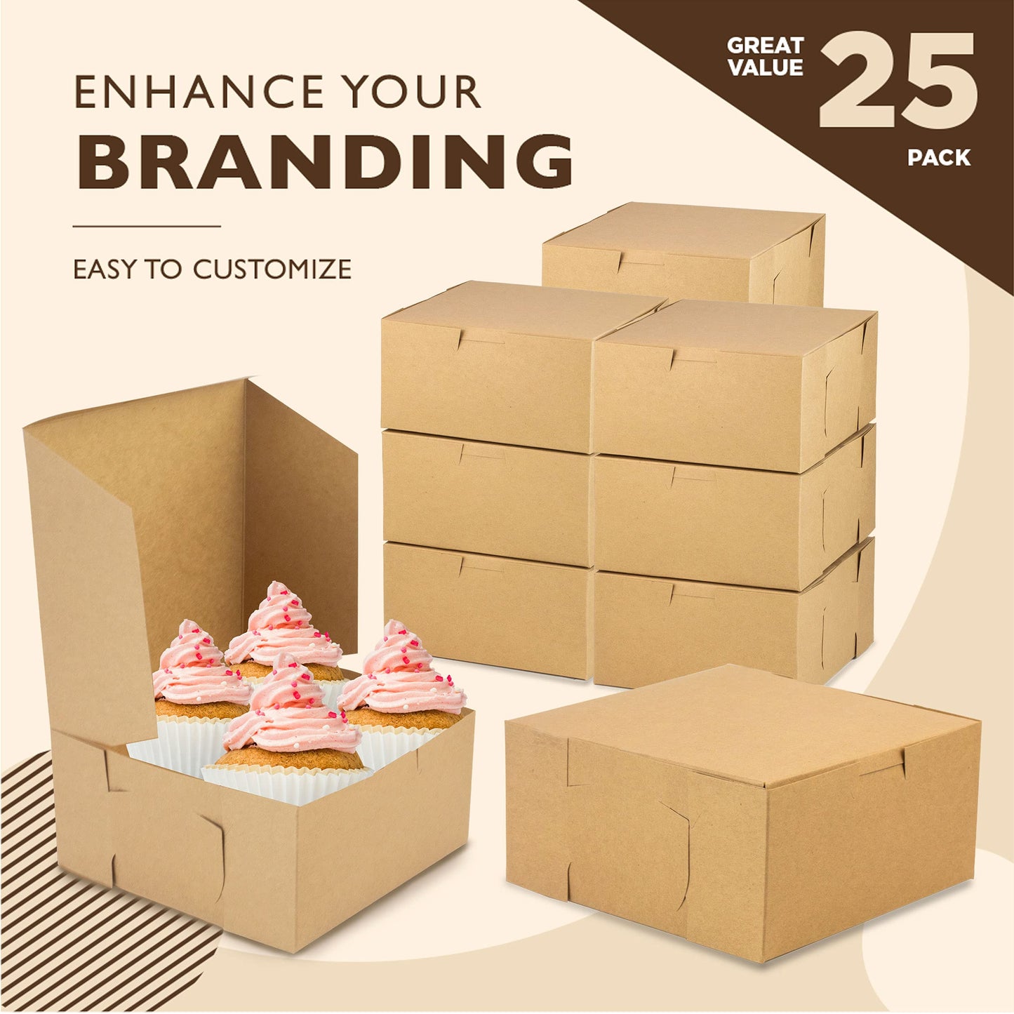 Fit Meal Prep 25 Pack Kraft Bakery Boxes, 6 x 6 x 3 Inches Brown Pastry Boxes, Cardboard Treat Boxes Pie Boxes Cookie Boxes Dessert Boxes for Cupcakes, Chocolates, Donuts, Macarons