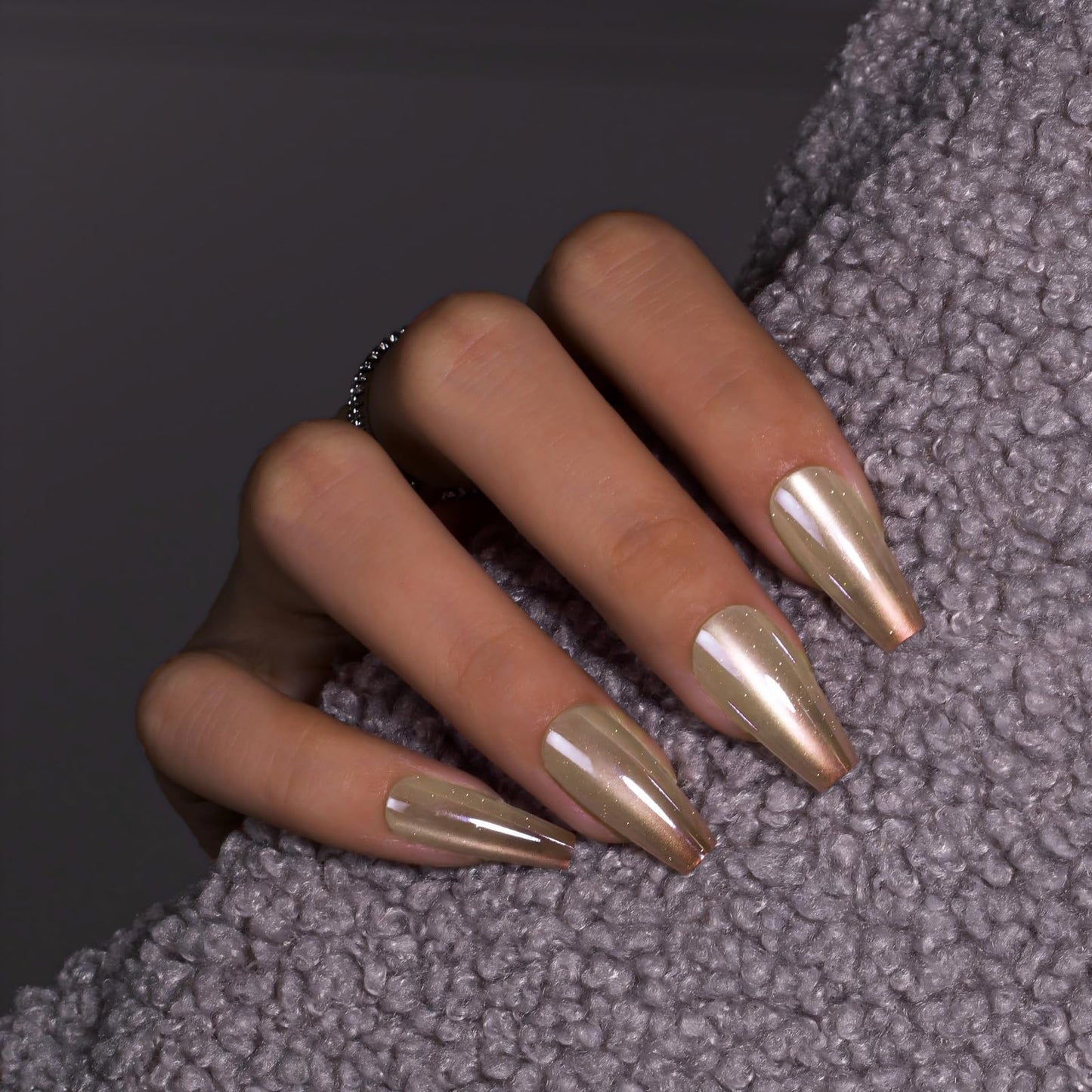 KQueenest French Press On Nails Extra Long Square - Chrome Ombre Press On Nails with Glue, Glitter Nude Brown Fake Nails Press ons Coffin, Reusable Glazed Soft Gel Glue on Nails for Women, 30 Pcs