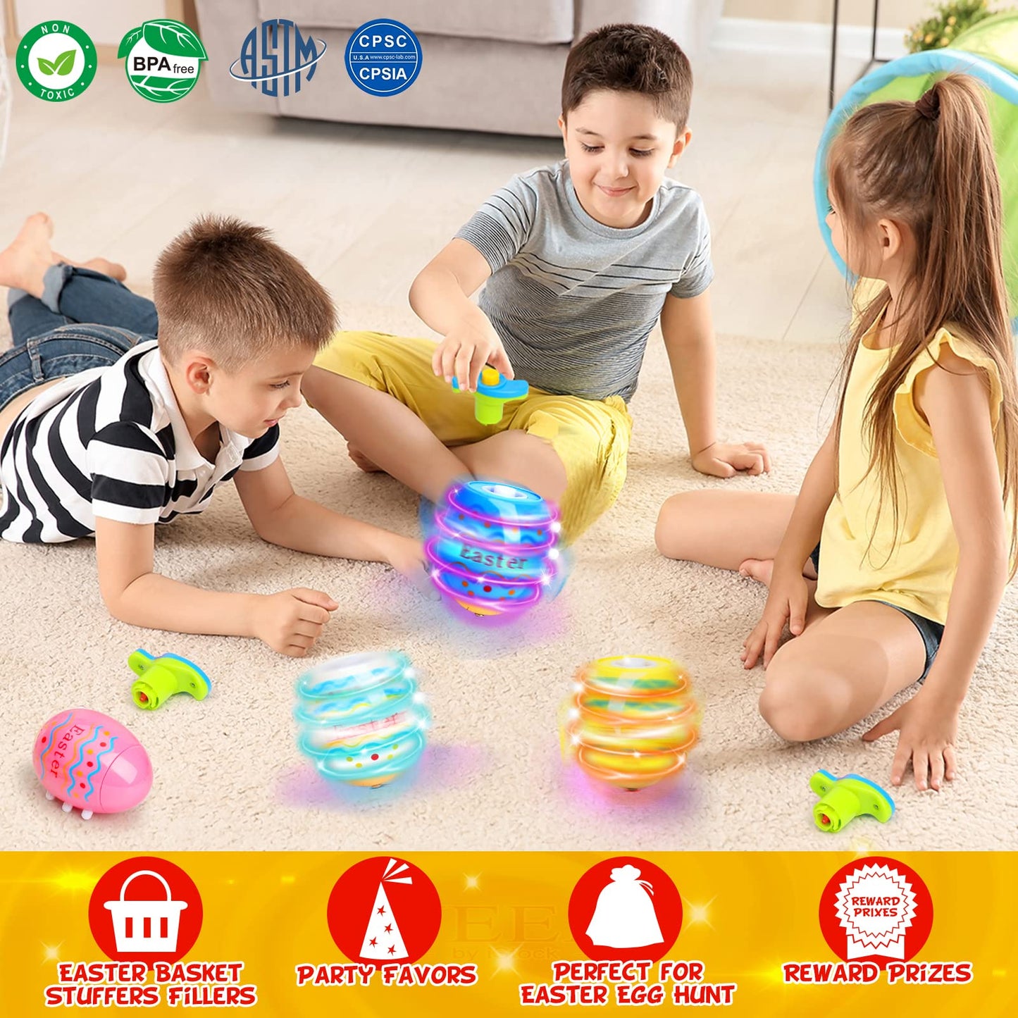 Light Up Easter Egg Toy Gifts for Kids, 6 Pack Easter Egg Spinning Tops with Flash & Music, Egg Fillers Essentials for Children, Glow in The Dark Hunt Prizes Goodie Bag Toys Party Favors