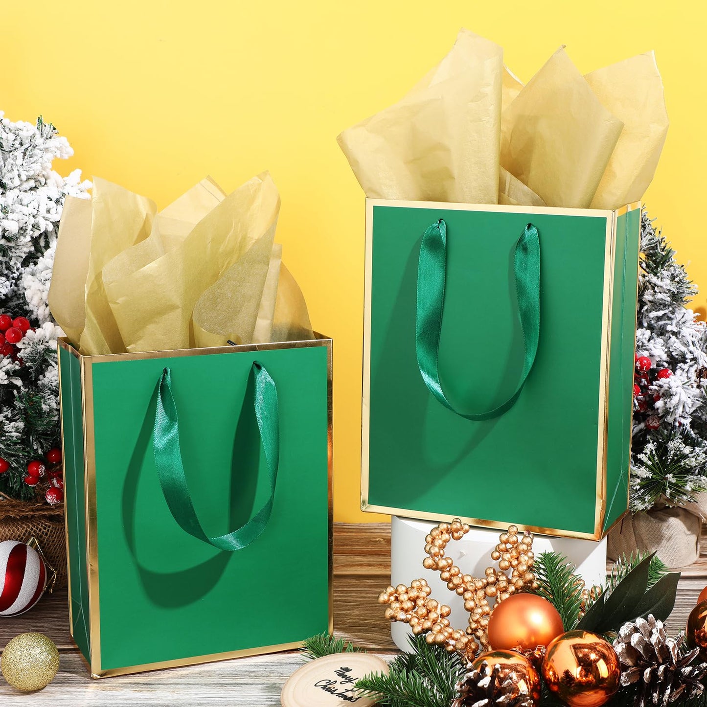 Yeaqee 24 Pack Metallic Paper Gift Bags with Handle and Tissue 9x7x3.1 Gold Foil Welcome Thank You Favor Bags Return Gifts for Wedding Mothers Graduation Bridesmaid Birthday(Green Gold)