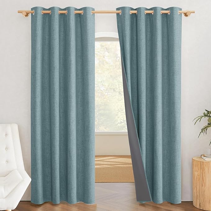NICETOWN 100% Absolutely Blackout Linen Curtains with Thermal Insulated White Liner, Skylark Blue, 52 inches Wide, 84 inches Length Energy Saving Curtains for Living Room 2 Panels Set, Vertical Blinds