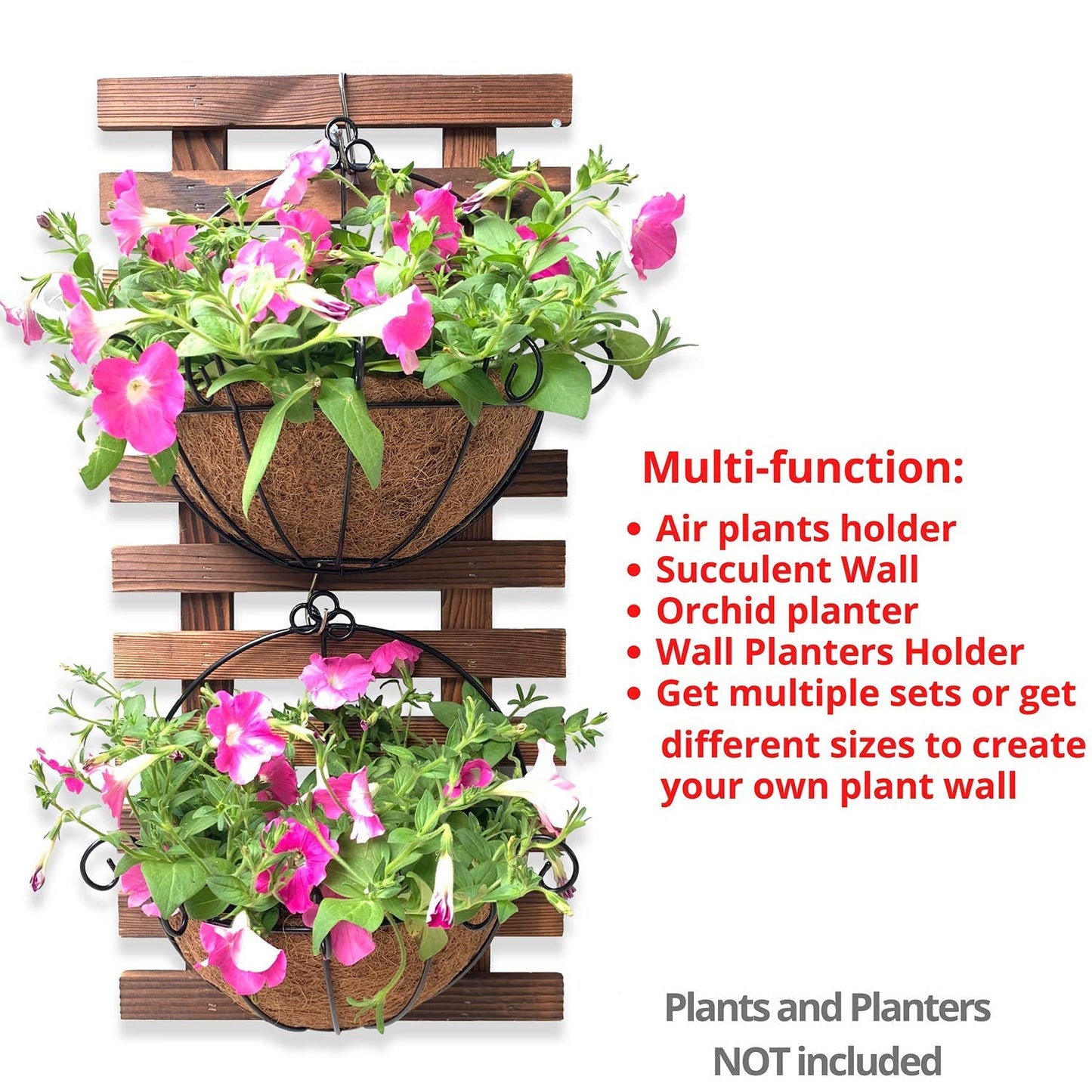 ShopLaLa Bundle- 2 Pack, 23.6 Inch Wooden Plant Holder + 10 Pack, 4 Inch White Self Watering Plastic Pot Modern Hydroponic Vertical Live Garden Display Wall Mount Plant Stand Home Living Room Decor