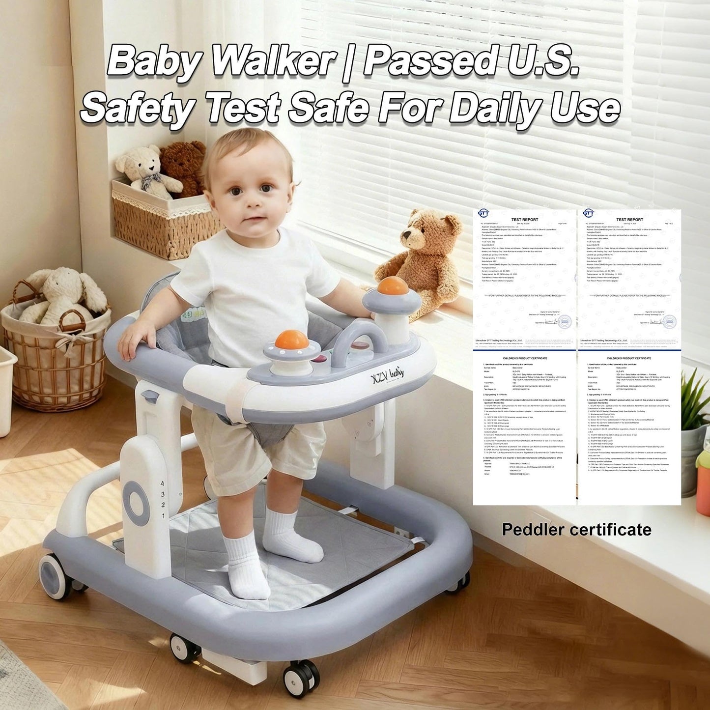 5-in-1 Baby Walker with Wheels Foldable Height-Adjustable Walker for Baby Boy 6-12 Months with Feeding Tray Multi-Functional Activity Center (Grey)