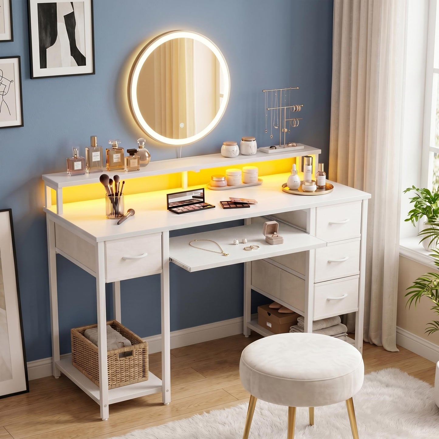 TIQLAB Computer Desk with Drawers and Power Outlets, 47 Inch Gaming Desk with LED Lights, Home Office Desk with Monitor Stand and Keyboard Tray, Study Writing Work Desk for Home Office, White