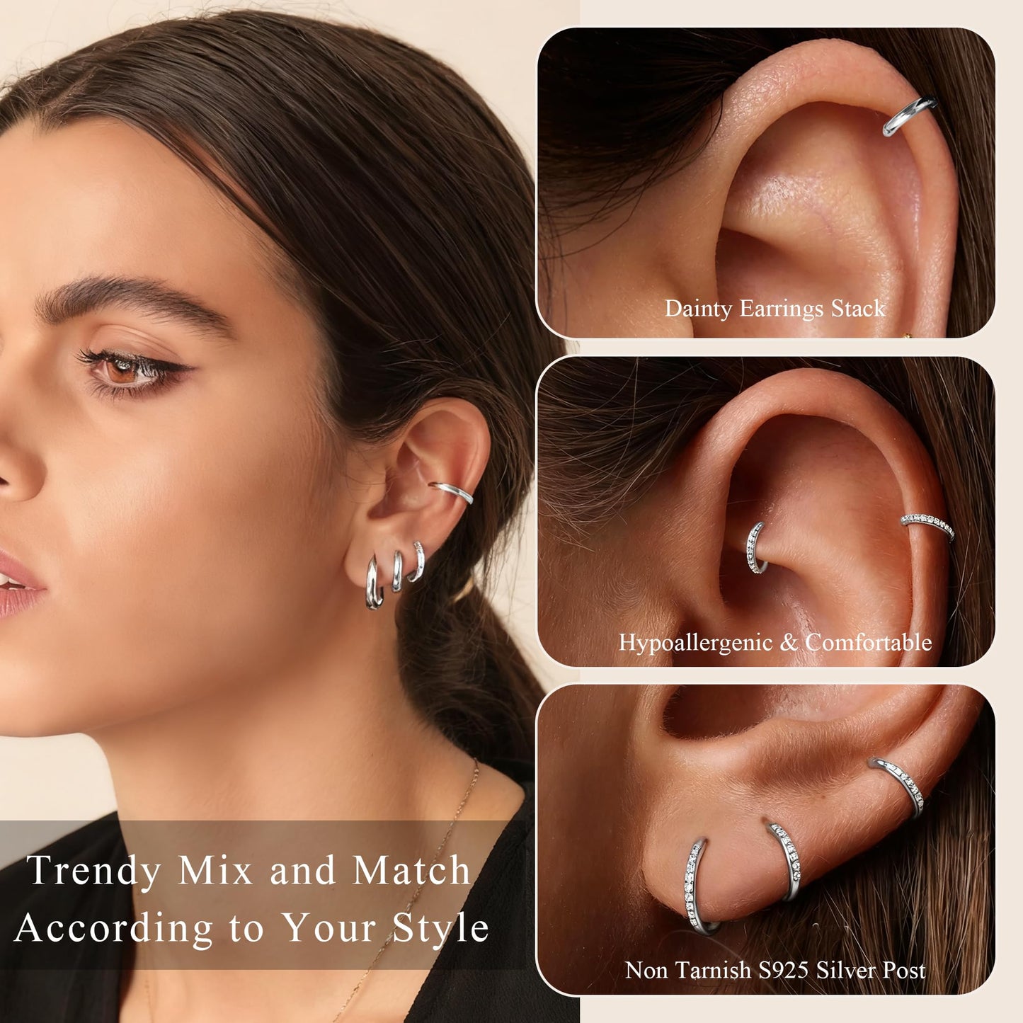 DORANA 3 Pairs 925 Sterling Silver Earrings for Women Non Tarnish Small Huggie Hoop Earrings Hypoallergenic Cartilage Hoops Stackable Earring Silver Stacks Sets for Multiple Piercing