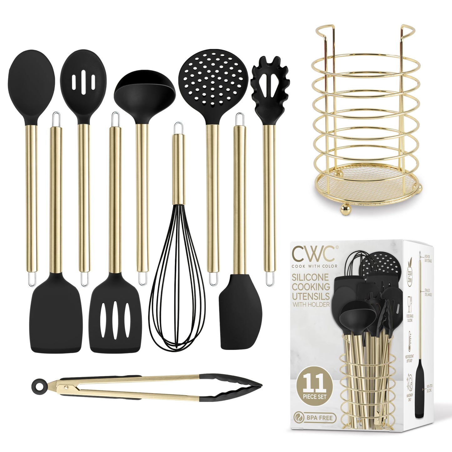 COOK WITH COLOR Silicone Cooking Utensils, Kitchen Utensil Set, Easy to Clean Silicone Kitchen Utensils, Cooking Utensils for Nonstick Cookware, Kitchen Gadgets Set with Holder, 10 Pieces